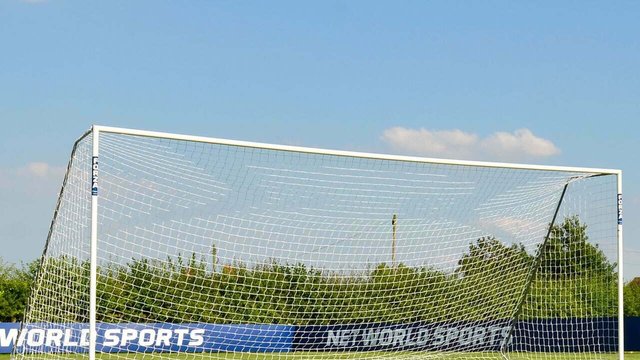 FORZA Alu60 24 by 8 senior football goal with regulation white net, planted on a green pitch under a blue sky
