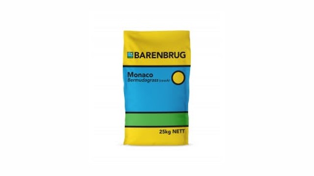 A 25kg bag of Barenbrug Monaco Bermudagrass sports-turf seed, the kind sown to establish a dense, hard-wearing football pitch