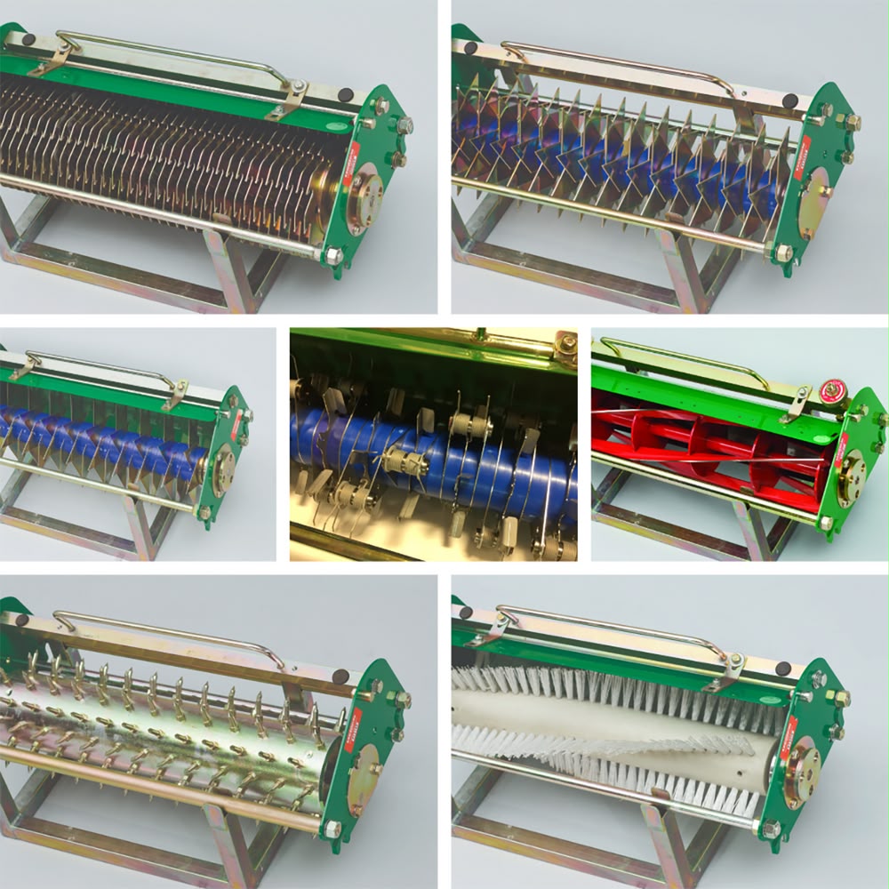 A set of interchangeable mower cassettes - cutting cylinder, scarifier, brush, and verti-cutter heads
