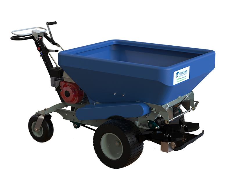 A walk-behind top dressing spreader with a large hopper, the kind used to spread sand evenly across a football pitch to level the surface and bring it to league standard
